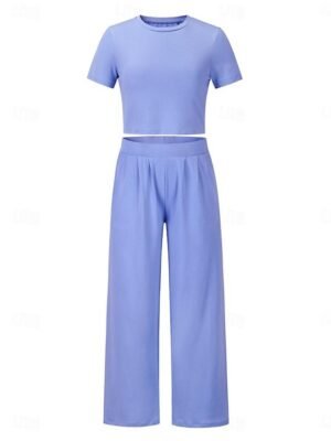 Simple Casual Crew Neck Short Sleeve Loungewear Set - Image 5