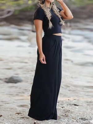 Simple Casual Crew Neck Short Sleeve Loungewear Set - Image 9