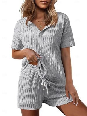 Simple Casual Loose Fit V Neck Short Sleeve Summer Loungewear Pajama Set - Image 10