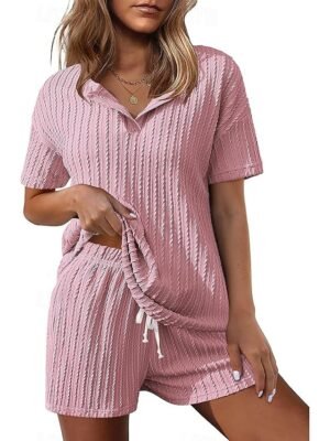 Simple Casual Loose Fit V Neck Short Sleeve Summer Loungewear Pajama Set - Image 2