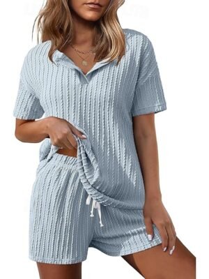 Simple Casual Loose Fit V Neck Short Sleeve Summer Loungewear Pajama Set - Image 22