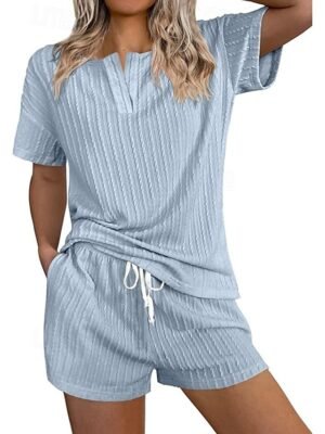 Simple Casual Loose Fit V Neck Short Sleeve Summer Loungewear Pajama Set - Image 25