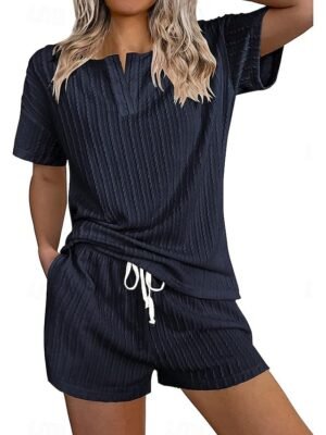 Simple Casual Loose Fit V Neck Short Sleeve Summer Loungewear Pajama Set - Image 26