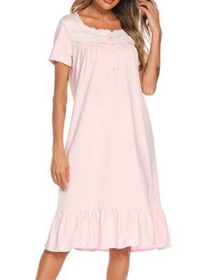 Simple Casual Pure Colour Square Neck Short Sleeve Cotton Nightgown - Image 1