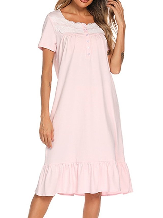 Simple Casual Pure Colour Square Neck Short Sleeve Cotton Nightgown - Image 1
