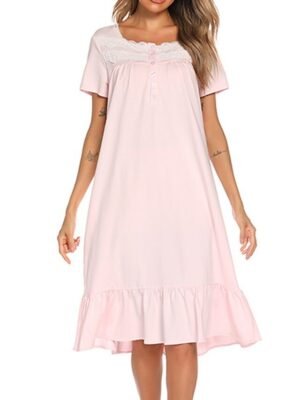 Simple Casual Pure Colour Square Neck Short Sleeve Cotton Nightgown - Image 2