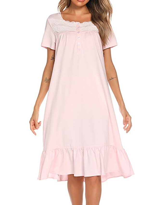 Simple Casual Pure Colour Square Neck Short Sleeve Cotton Nightgown - Image 2