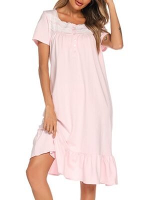 Simple Casual Pure Colour Square Neck Short Sleeve Cotton Nightgown - Image 4