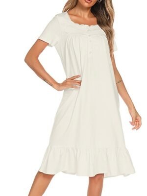 Simple Casual Pure Colour Square Neck Short Sleeve Cotton Nightgown - Image 6