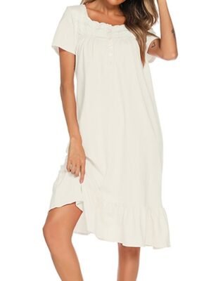 Simple Casual Pure Colour Square Neck Short Sleeve Cotton Nightgown - Image 7