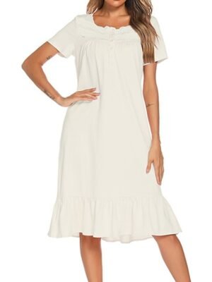 Simple Casual Pure Colour Square Neck Short Sleeve Cotton Nightgown - Image 8