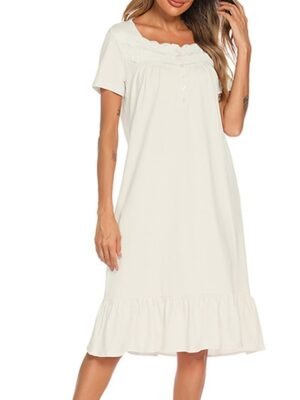 Simple Casual Pure Colour Square Neck Short Sleeve Cotton Nightgown - Image 9