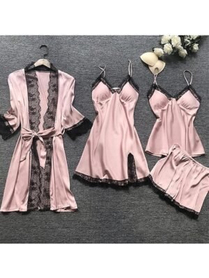 Simple Casual Pure Colour V Wire Long Sleeve Robe Shorts Pajama Set - Image 1