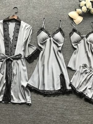 Simple Casual Pure Colour V Wire Long Sleeve Robe Shorts Pajama Set - Image 2