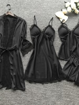 Simple Casual Pure Colour V Wire Long Sleeve Robe Shorts Pajama Set - Image 3
