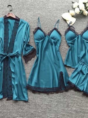 Simple Casual Pure Colour V Wire Long Sleeve Robe Shorts Pajama Set - Image 4