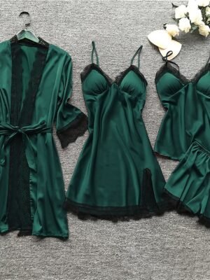 Simple Casual Pure Colour V Wire Long Sleeve Robe Shorts Pajama Set - Image 5