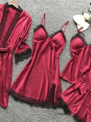 Simple Casual Pure Colour V Wire Long Sleeve Robe Shorts Pajama Set - Image 6