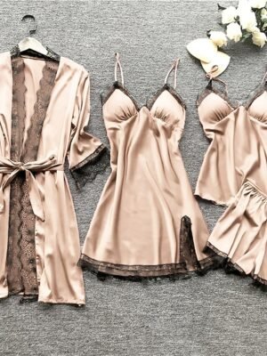 Simple Casual Pure Colour V Wire Long Sleeve Robe Shorts Pajama Set - Image 7