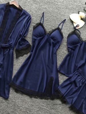 Simple Casual Pure Colour V Wire Long Sleeve Robe Shorts Pajama Set - Image 8