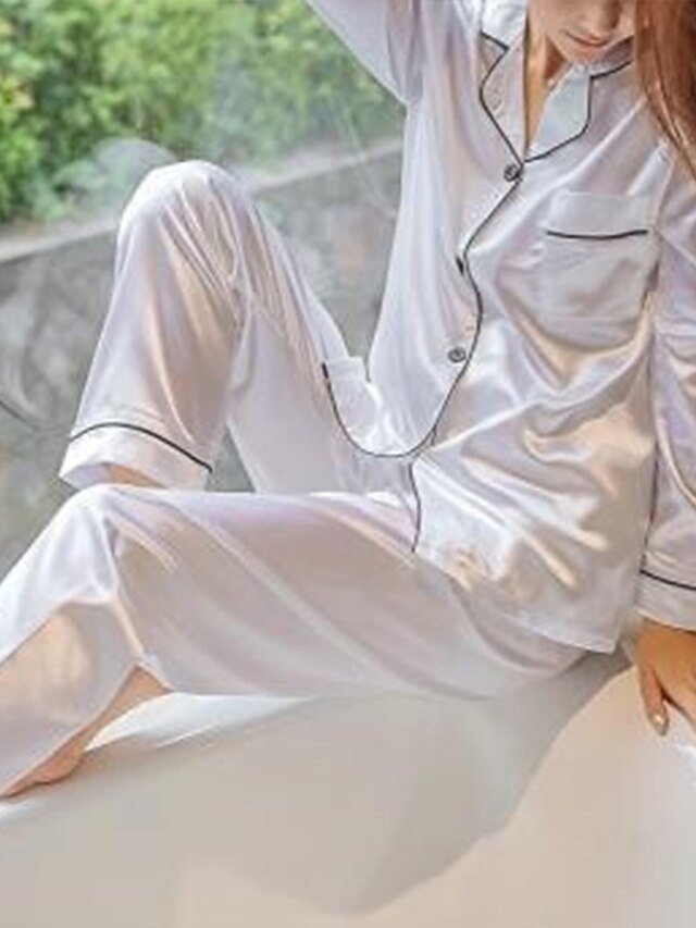 Simple Casual Soft Pure Colour Shirt Collar Long Sleeve Long Pant Pajama Set - Image 1