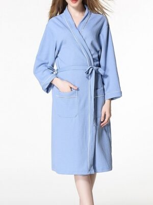Simple Casual V Neck Long Sleeve Terry Bathrobe - Image 11
