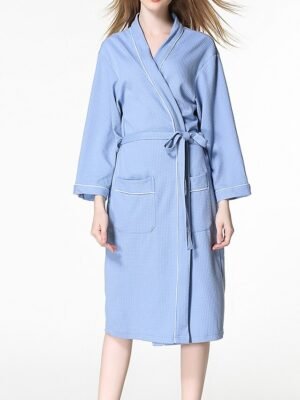 Simple Casual V Neck Long Sleeve Terry Bathrobe - Image 12