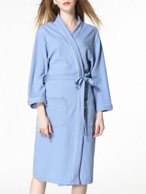 Simple Casual V Neck Long Sleeve Terry Bathrobe - Image 13