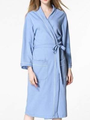 Simple Casual V Neck Long Sleeve Terry Bathrobe - Image 14