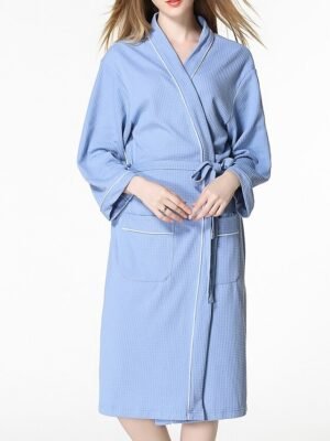 Simple Casual V Neck Long Sleeve Terry Bathrobe - Image 15