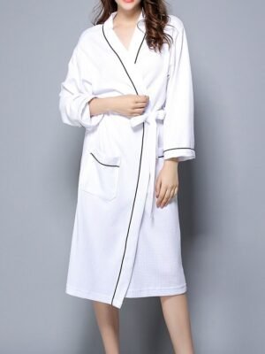 Simple Casual V Neck Long Sleeve Terry Bathrobe - Image 2