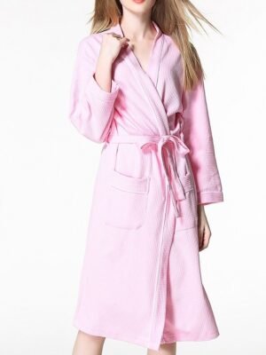 Simple Casual V Neck Long Sleeve Terry Bathrobe - Image 8