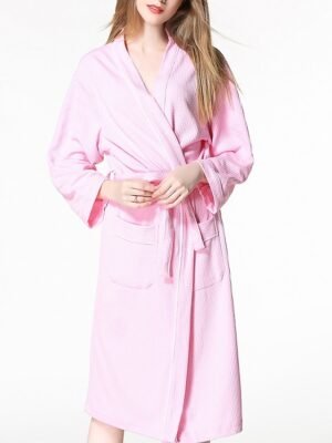 Simple Casual V Neck Long Sleeve Terry Bathrobe - Image 9