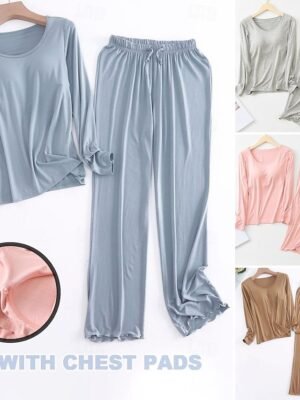 Simple Comfort Crew Neck Long Sleeve Elastic Waist Pajama Set - Image 1