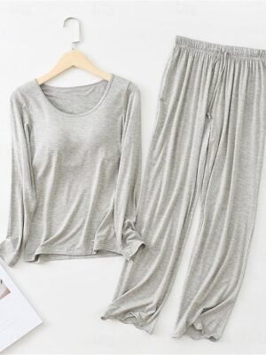 Simple Comfort Crew Neck Long Sleeve Elastic Waist Pajama Set - Image 18