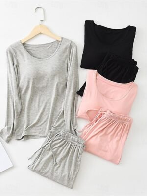 Simple Comfort Crew Neck Long Sleeve Elastic Waist Pajama Set - Image 2