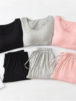 Simple Comfort Crew Neck Long Sleeve Elastic Waist Pajama Set - Image 27