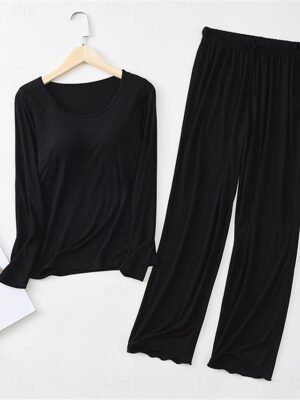 Simple Comfort Crew Neck Long Sleeve Elastic Waist Pajama Set - Image 4