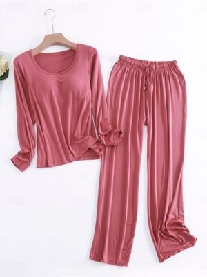 Simple Comfort Crew Neck Long Sleeve Elastic Waist Pajama Set - Image 6
