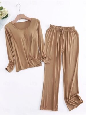 Simple Comfort Crew Neck Long Sleeve Elastic Waist Pajama Set - Image 7