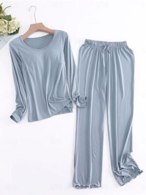 Simple Comfort Crew Neck Long Sleeve Elastic Waist Pajama Set - Image 8