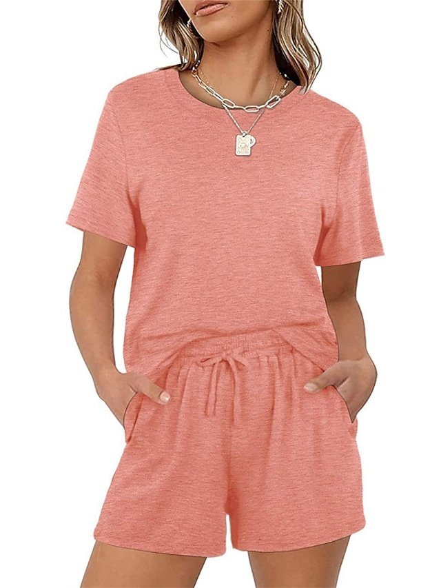 Simple Comfort Pure Colour Crew Neck Short Sleeve Loungewear Set - Image 1