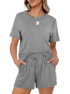 Simple Comfort Pure Colour Crew Neck Short Sleeve Loungewear Set - Image 12