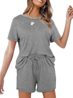 Simple Comfort Pure Colour Crew Neck Short Sleeve Loungewear Set - Image 13