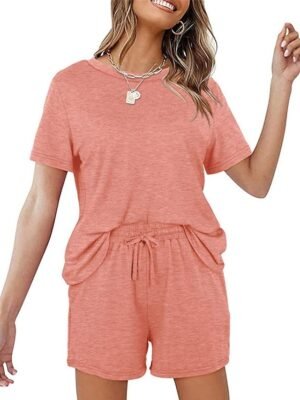 Simple Comfort Pure Colour Crew Neck Short Sleeve Loungewear Set - Image 3