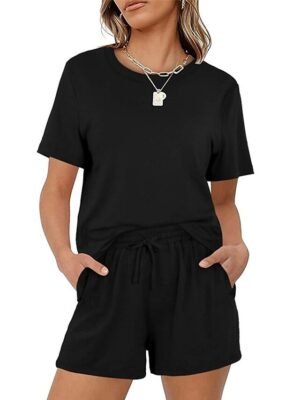 Simple Comfort Pure Colour Crew Neck Short Sleeve Loungewear Set - Image 5