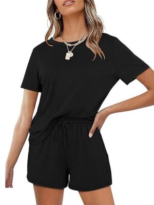 Simple Comfort Pure Colour Crew Neck Short Sleeve Loungewear Set - Image 6