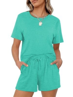 Simple Comfort Pure Colour Crew Neck Short Sleeve Loungewear Set - Image 9
