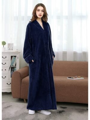 Simple Comfort V Neck Long Sleeve Full Length Robe - Image 9