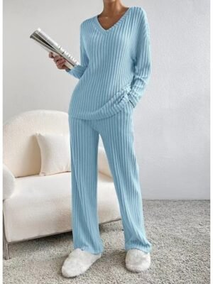 Simple Loose V Neck Long Sleeve Loungewear Pajama Set - Image 10